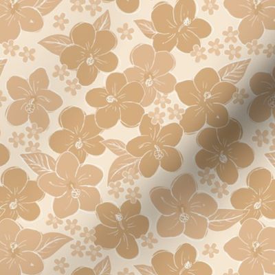 Hibiscus flowers and little white flower frangipani plumeria hawaii garden island vibes retro vintage palette beige tan 