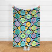 Retro curtains in a 60s-70s style with bright colors– blue, pink, yellow, orange, teal