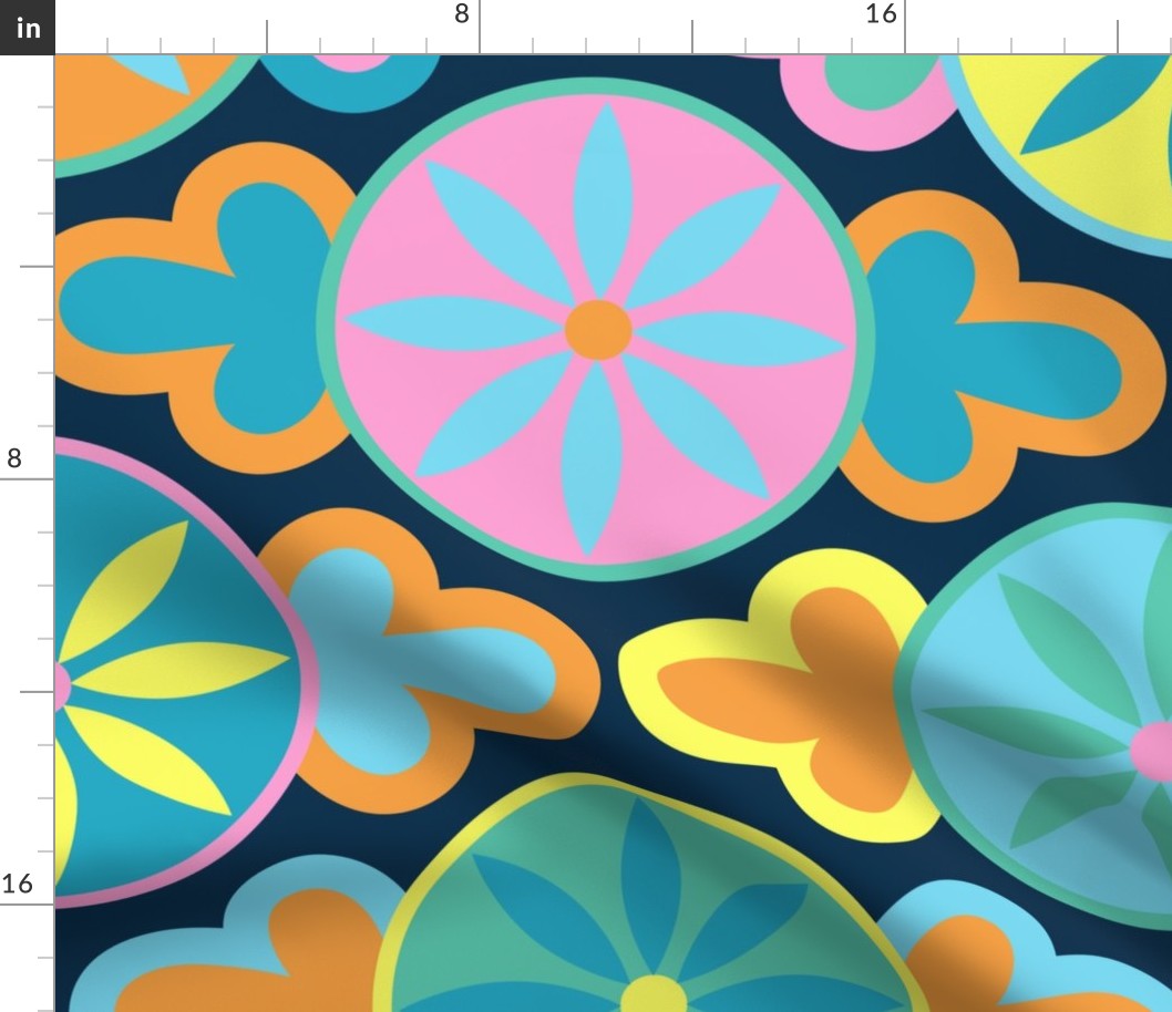 Retro curtains in a 60s-70s style with bright colors– blue, pink, yellow, orange, teal