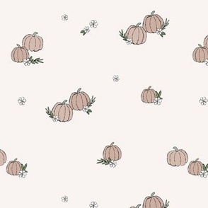 Boho fall pumpkins and flowers with vines and leaves garden halloween spaced design pastel vintage beige on ivory 