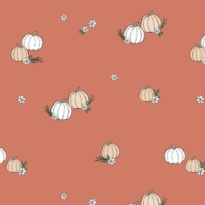 Boho fall pumpkins and flowers with vines and leaves garden halloween spaced design pastel vintage red beige 
