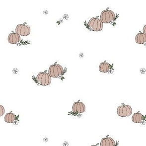 Boho fall pumpkins and flowers with vines and leaves garden halloween spaced design pastel vintage beige brown on white