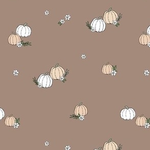 Boho fall pumpkins and flowers with vines and leaves garden halloween spaced design pastel vintage beige white on latte brown