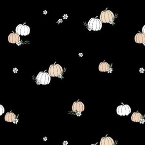 Boho fall pumpkins and flowers with vines and leaves garden halloween spaced design pastel vintage beige white on black