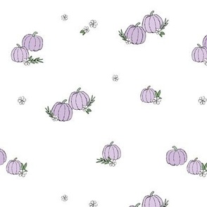 Boho fall pumpkins and flowers with vines and leaves garden halloween spaced design pastel retro nineties lilac green on white 