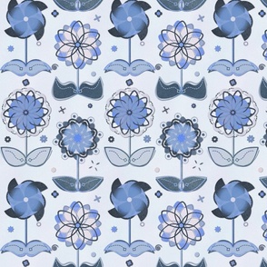 Retro Geometric Flowers in Blue and White 
