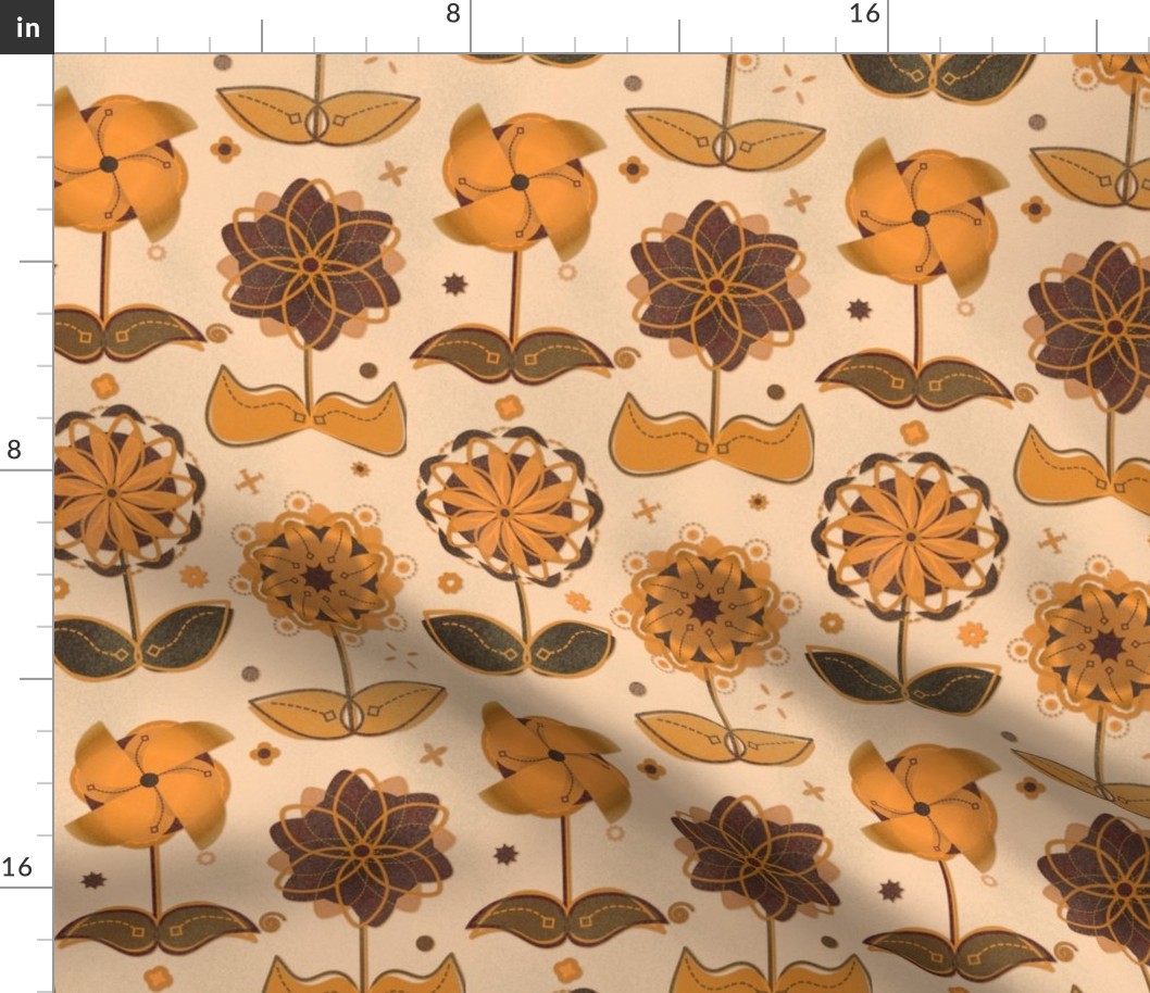 Retro Geometric Flowers Yellows and Golds