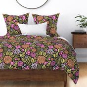 Retro Floral with Clematis and Dahlia – Dark in Olive and Pink – Large Scale