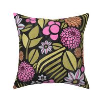 Retro Floral with Clematis and Dahlia – Dark in Olive and Pink – Large Scale