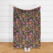 Retro Floral with Clematis and Dahlia – Dark in Olive and Pink – Large Scale