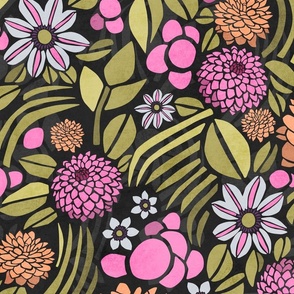 Retro Floral with Clematis and Dahlia – Dark in Olive and Pink – Large Scale