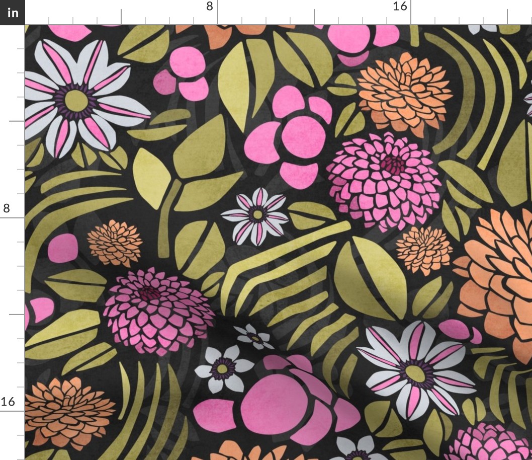 Retro Floral with Clematis and Dahlia – Dark in Olive and Pink – Large Scale