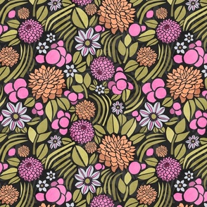 Retro Floral with Clematis and Dahlia – Dark in Olive and Pink – Small Scale