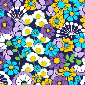 Groovy 70s Floral // Dark Blue, Purple, Lavender, Turquoise, Yellow, Green, White // 400 DPI