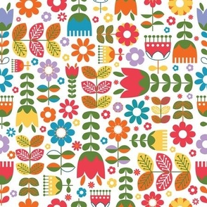 (Medium) Scandinavian Flower Garden - Folk art flowers - red, orange, yellow, green, blue white