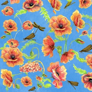 Poppies and Dragonflies Retro Floral Curtains
