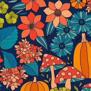 Retro Autumn Floral Curtains with mushrooms and Halloween Pumpkin on Dark Blue Large