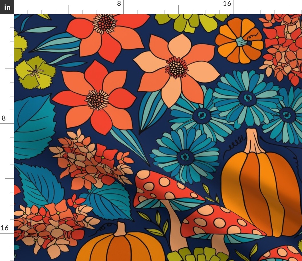 Retro Autumn Floral Curtains with mushrooms and Halloween Pumpkin on Dark Blue Large