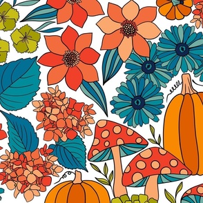 Retro Autumn Floral Curtains with mushrooms and Halloween Pumpkin on White Large