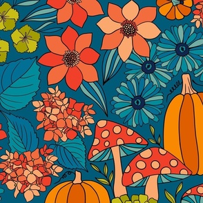 Retro Autumn Floral Curtains with mushrooms and Halloween Pumpkin on Blue Large
