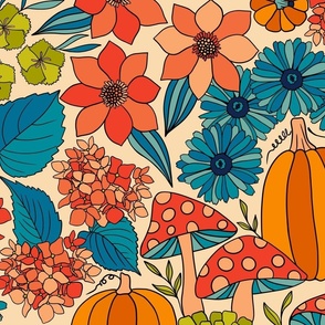 Retro Autumn Floral Curtains with mushrooms and Halloween Pumpkin on Beige Large