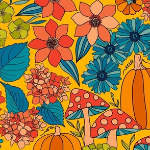 Retro Autumn Floral Curtains with mushrooms and Halloween Pumpkin on Yellow Large