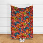 Retro Autumn Floral Curtains with mushrooms and Halloween Pumpkin on fuchsia red Large