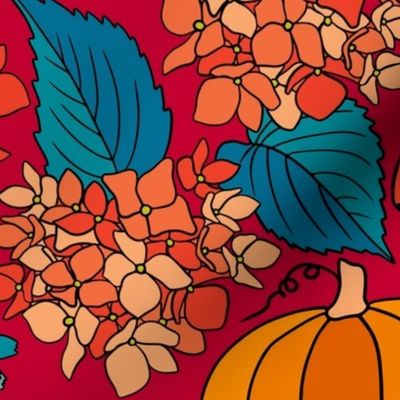 Retro Autumn Floral Curtains with mushrooms and Halloween Pumpkin on fuchsia red Large