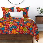 Retro Autumn Floral Curtains with mushrooms and Halloween Pumpkin on fuchsia red Large