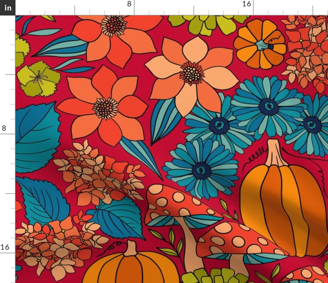 Retro Autumn Floral Curtains with mushrooms and Halloween Pumpkin on fuchsia red Large