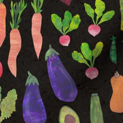 Papercut Collage Vegetables - Medium Scale - Garden Vegan - Dark Background