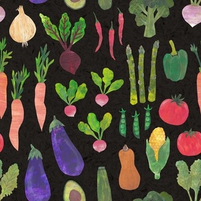 Papercut Collage Vegetables - Medium Scale - Garden Vegan - Dark Background