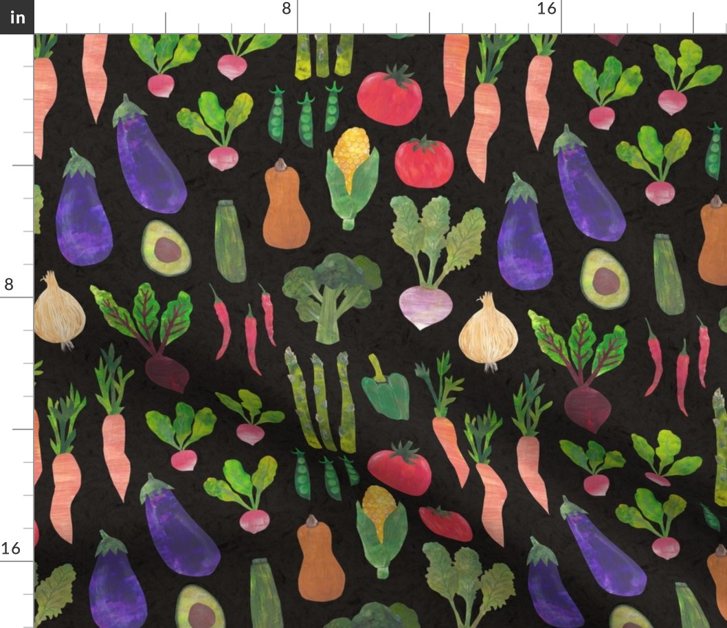 Papercut Collage Vegetables - Medium Scale - Garden Vegan - Dark Background