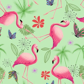 Pink Flamingo Paradise on Green (Medium)