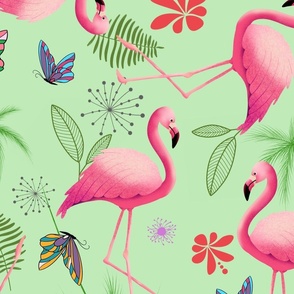 Pink Flamingo Paradise on Green (Large)
