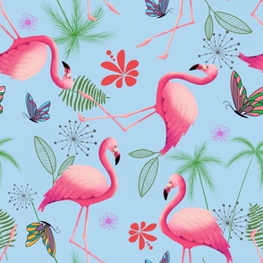 Pink Flamingo Paradise on Blue (Medium)