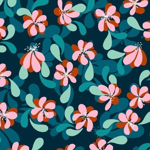 Retro Swirly Flowers Pink on Teal Large