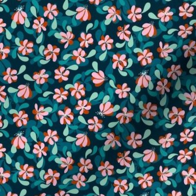 Retro Swirly Flowers Pink on Teal Small