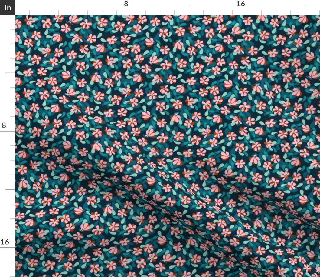 Retro Swirly Flowers Pink on Teal Small