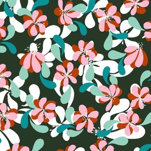 Retro Flowers Pink on Green Large