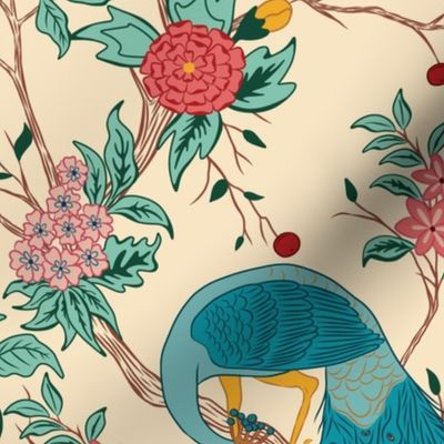 Large Victorian Chinoiserie Peacock Garden with Cream Background