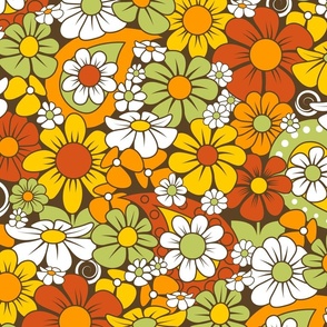 70s Funky Flower Field // Yellow, Orange, Red, Green, Dark Brown, White // 400 DPI