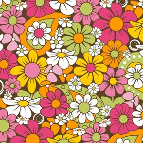 70s Funky Flower Field // Yellow, Orange, Magenta, Pink, Green, Dark Brown, White // 400 DPI