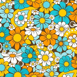 70s Funky Flower Field // Yellow, Orange, Aqua Blue, Turquoise, Dark Brown, White // 400 DPI