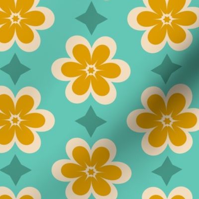 Medium // Retro Geometric Daisies: Simple Flower Blossom & Star - Turquoise & Yellow