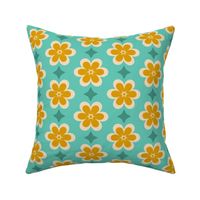 Medium // Retro Geometric Daisies: Simple Flower Blossom & Star - Turquoise & Yellow