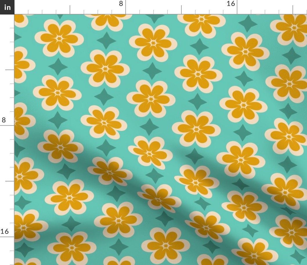 Medium // Retro Geometric Daisies: Simple Flower Blossom & Star - Turquoise & Yellow