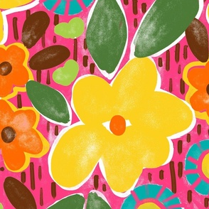 Bold & bright retro floral yellow pink large scale