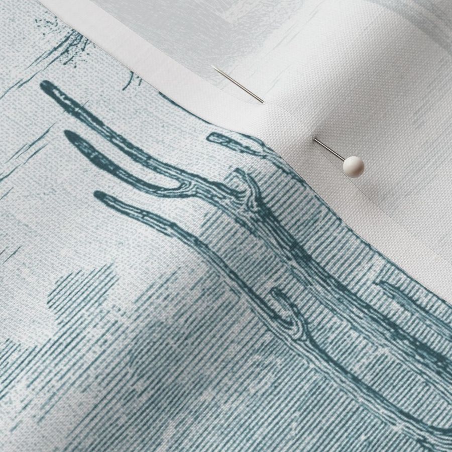 THE LIVING DESERT TOILE - BLUE TEAL ON WHITE