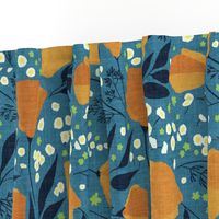 Retro California Poppies on medium teal